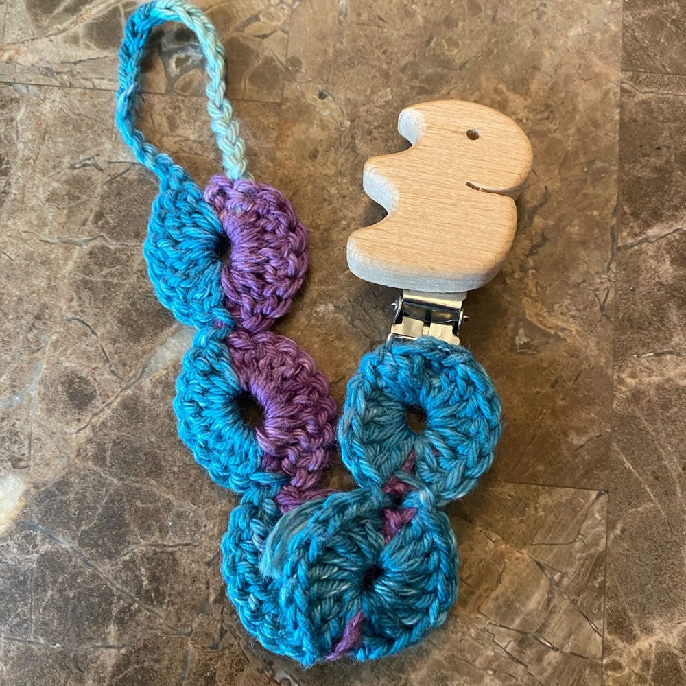 Hand Crafted Crochet Pacifier Clip - Blue and Purple